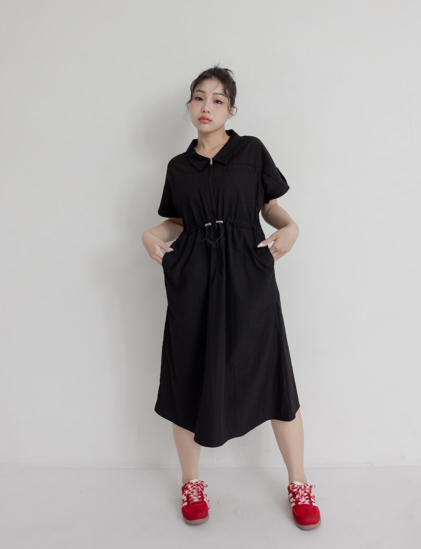 Utility Cargo Pocket Drawstring Cinched Waist Plus Size Maxi Dress