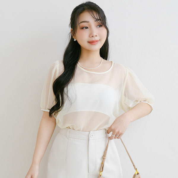 MISS. Sheer Textured Round Neck Puff-Sleeve Plus Size Blouse