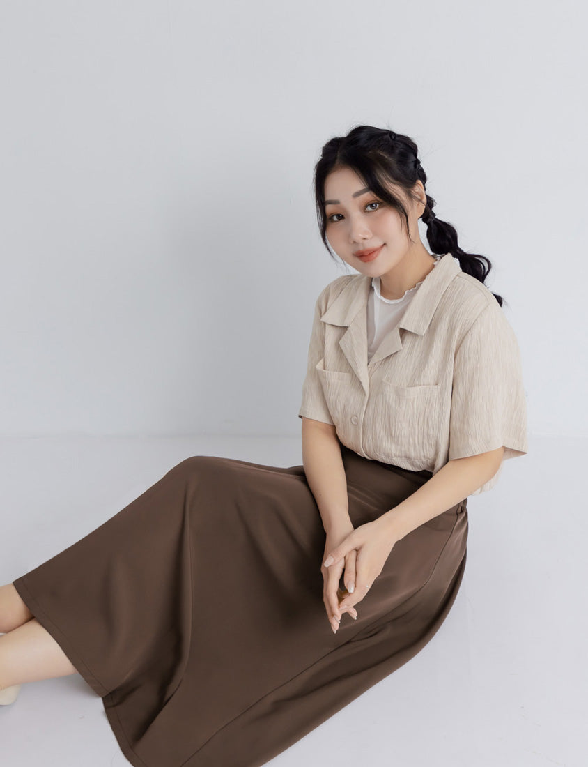 Cuban Collar Crinkled Texture Large Pocket Plus Size Shirt