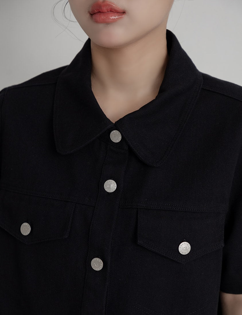 Korean Style Twill Button-Down Plus Size Short Sleeve Jacket