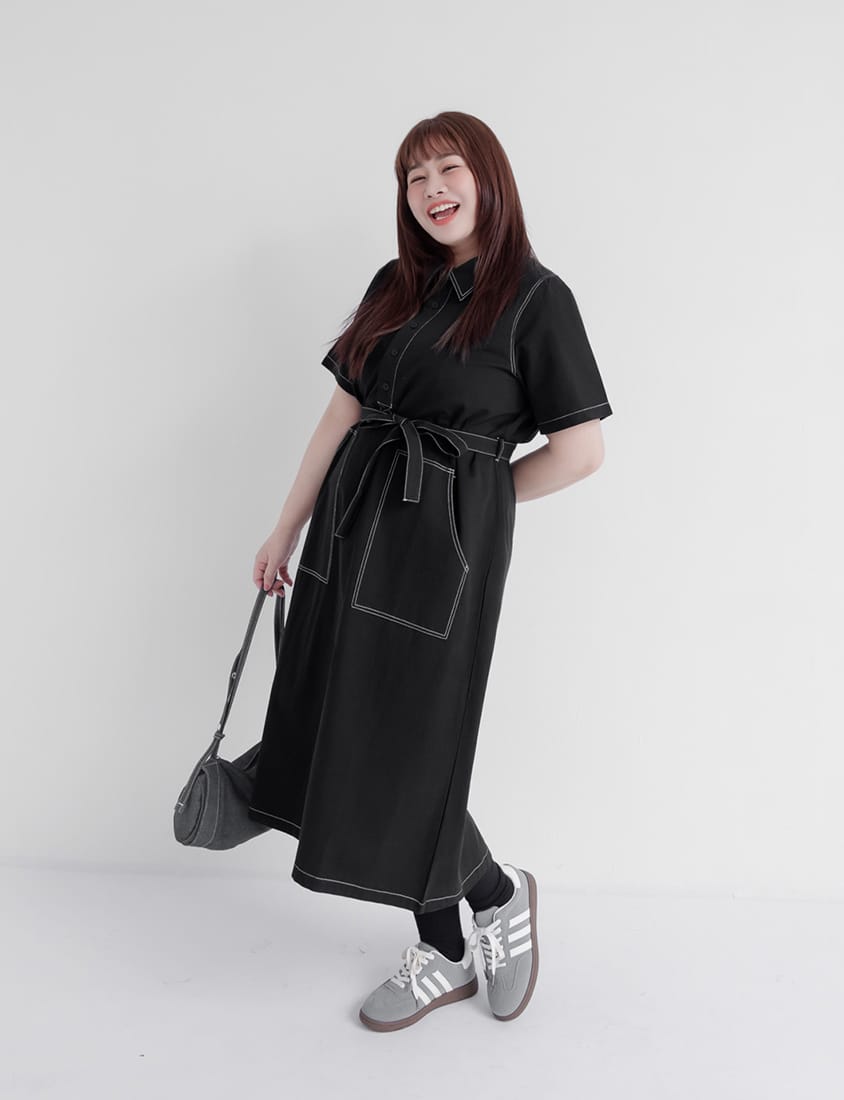 Color-Block Stitching Collar Twill Plus Size Maxi Dress (with Waist Tie)