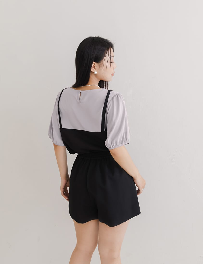 MISS. Faux Two-Piece Textured Puff Sleeve Top
