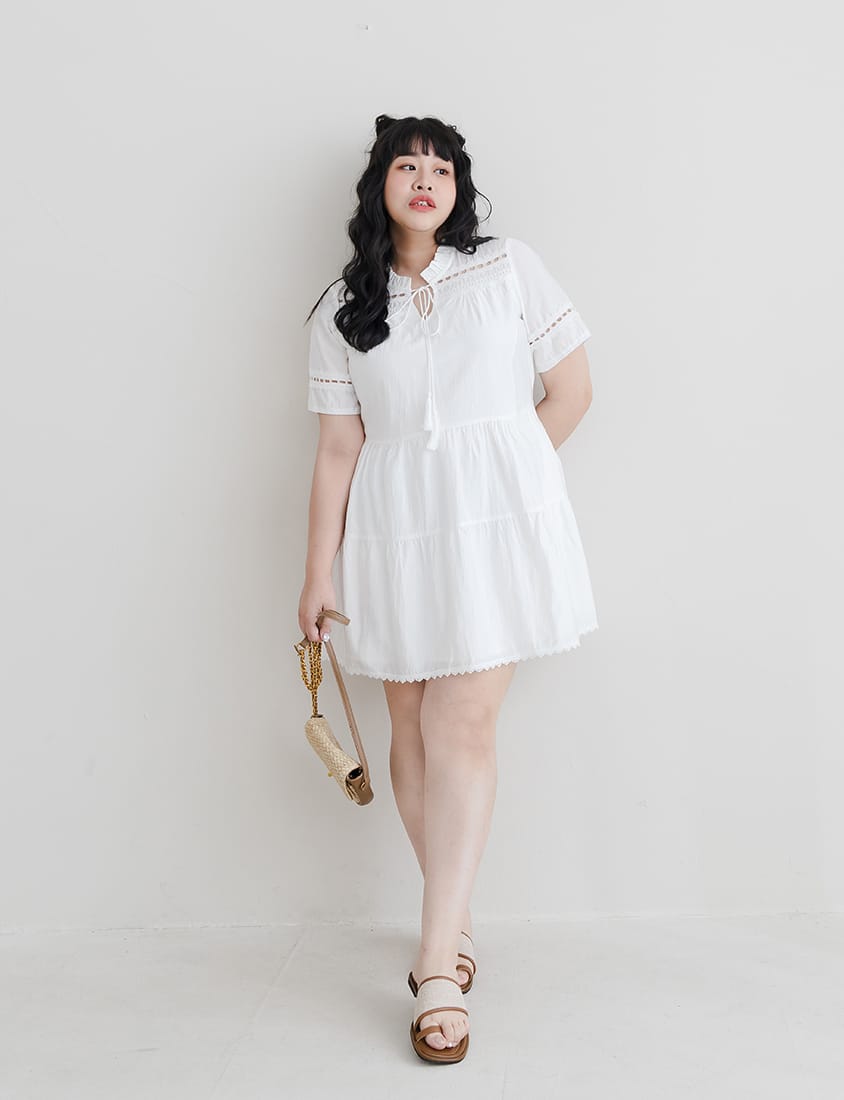 Intricate Lace Tie-Waist Flare Plus Size Mini Dress