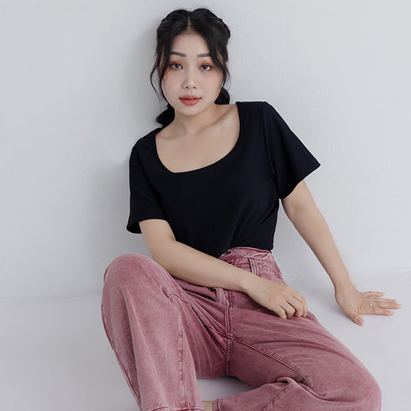 Pobra. Airy Ribbed Square Neck Short Sleeve Plus Size Bra Top