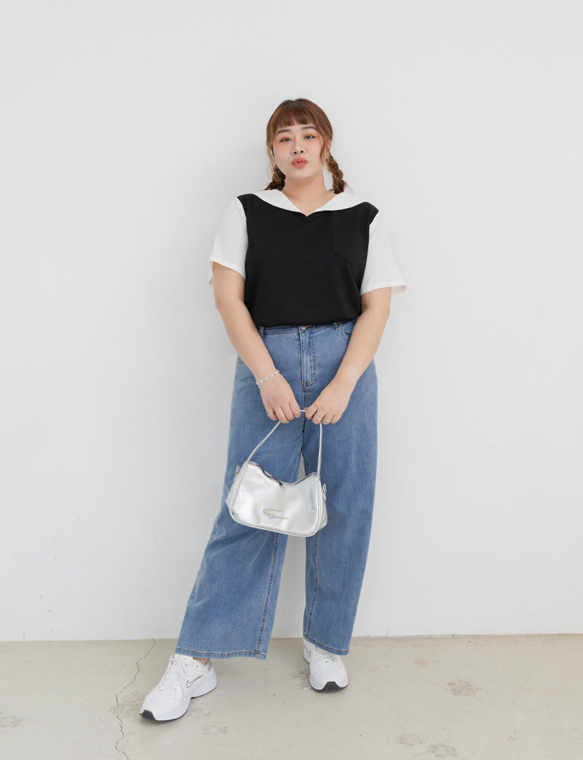 Space Cotton Sailor Collar Faux Two-Piece Plus Size Top