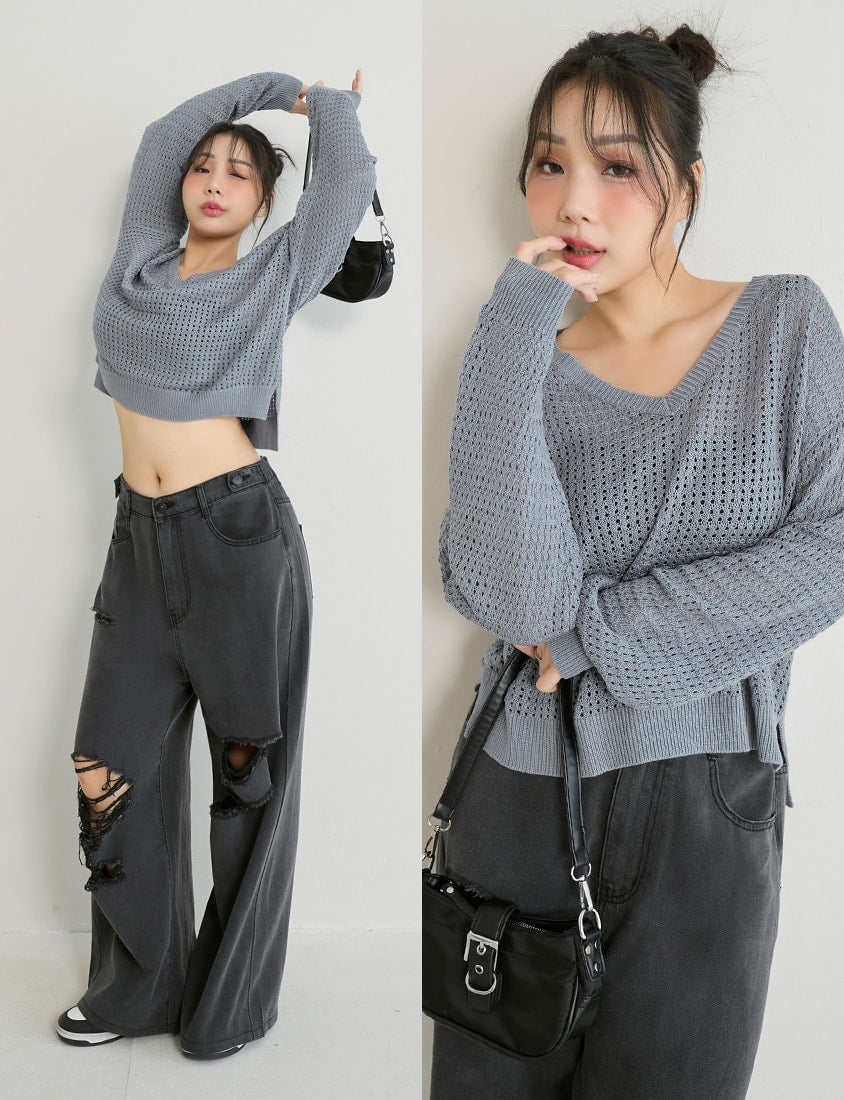 Anti-Pilling V-Neck Eyelet Plus Size Knit Top