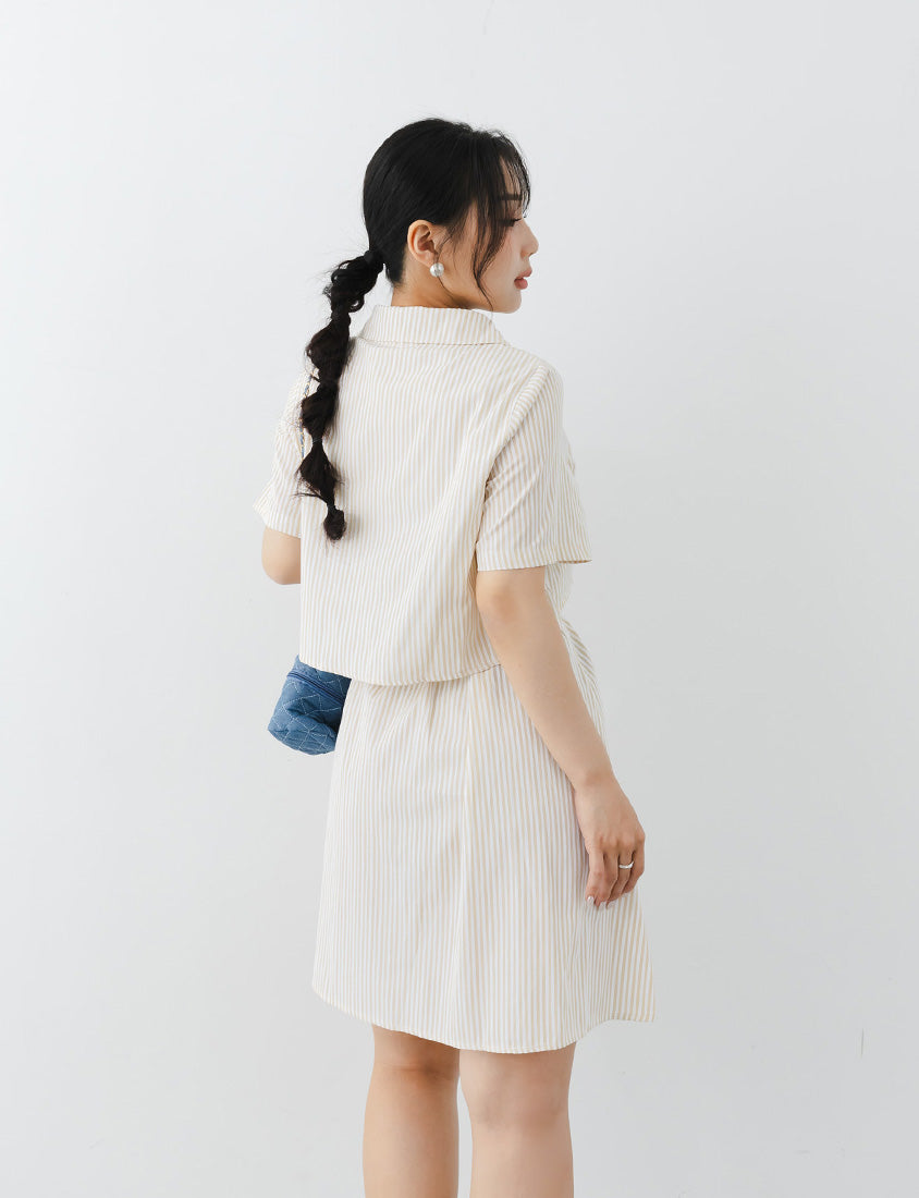 MISS. Japanese Style Striped Layered Plus Size Shirt Dress (with Belt)