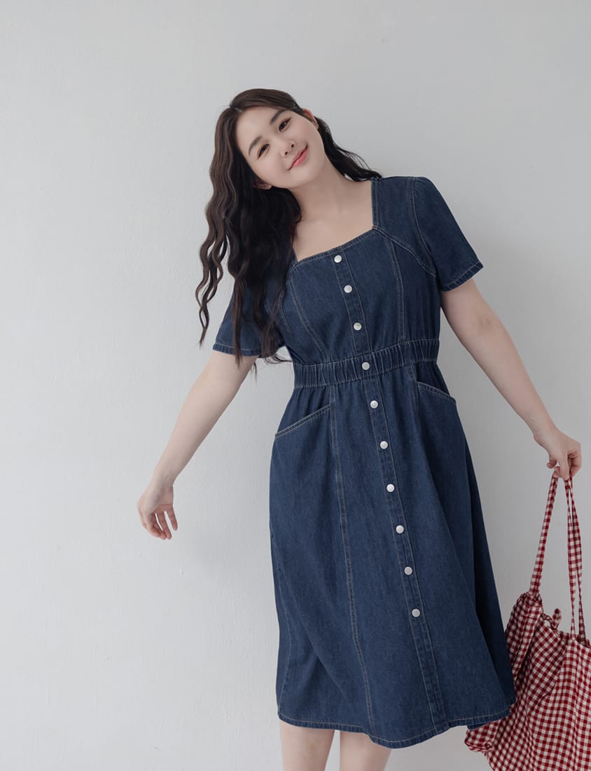 Square Neck Faux Button Elastic Waist Plus Size Denim Maxi Dress