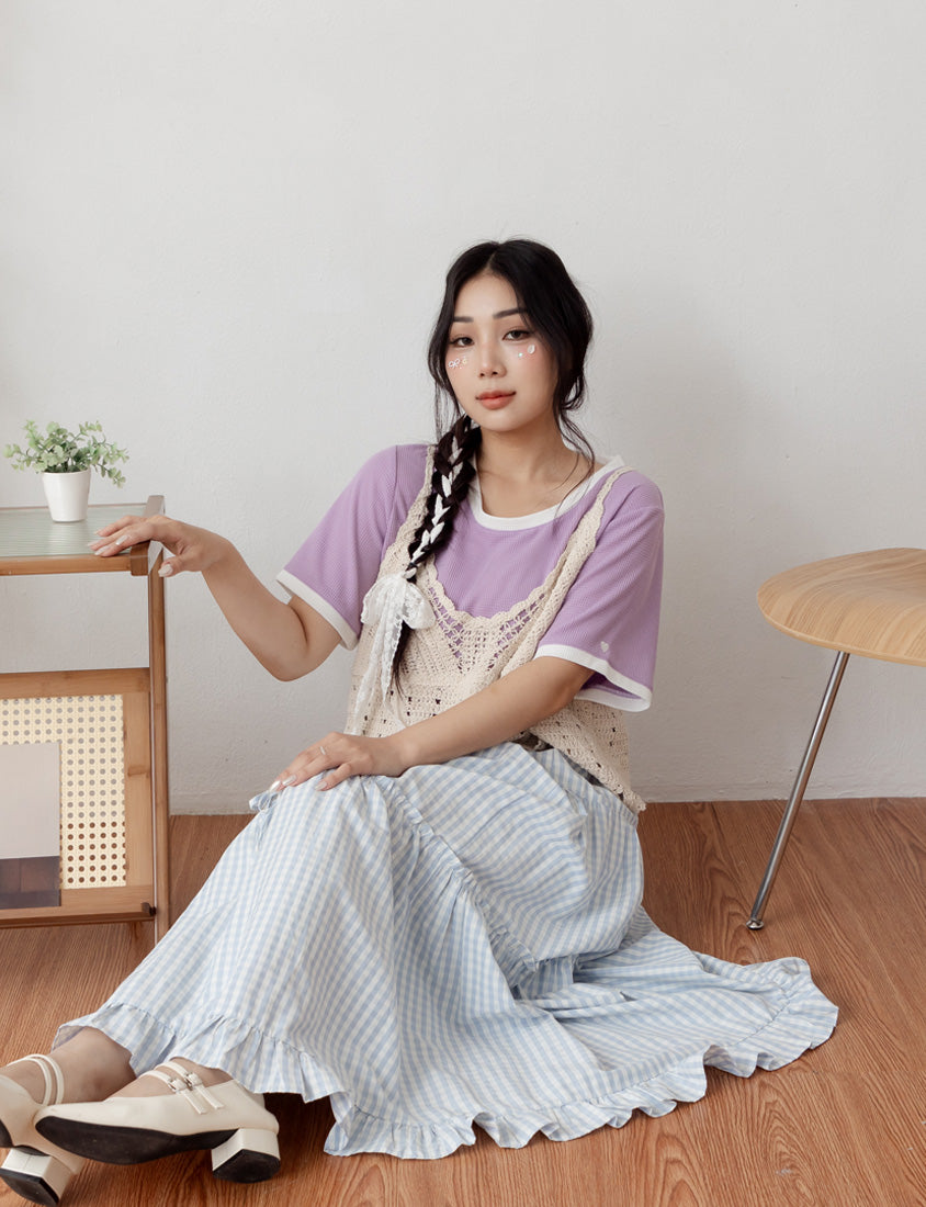 Colorblock Waffle Heart Embroidery Plus Size Top