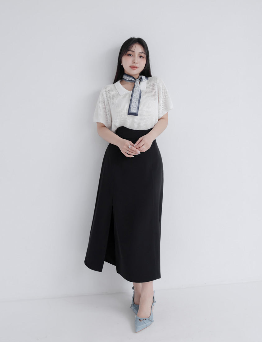 MISS.Ultra Waist-Sculpting Boned Back Elastic Front Slit Plus Size Maxi Skirt