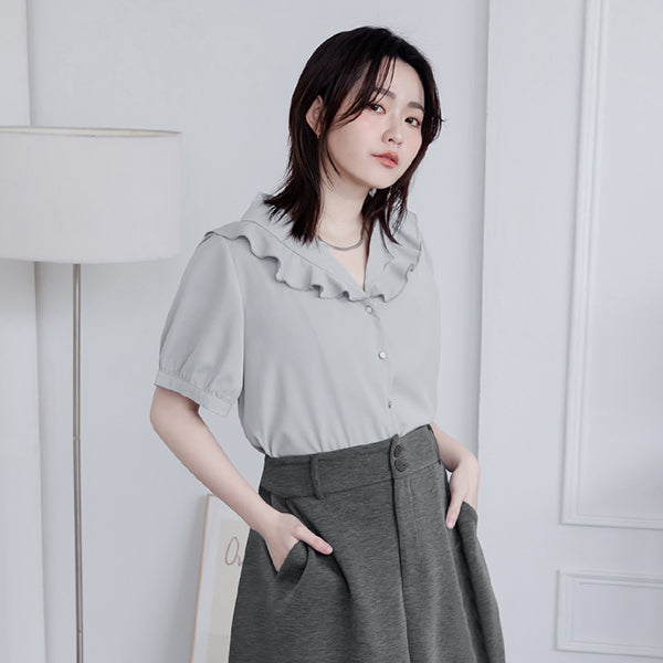 MISS. Korean-Style V-Neck Big Ruffled Puff Sleeve Plus Size Blouse