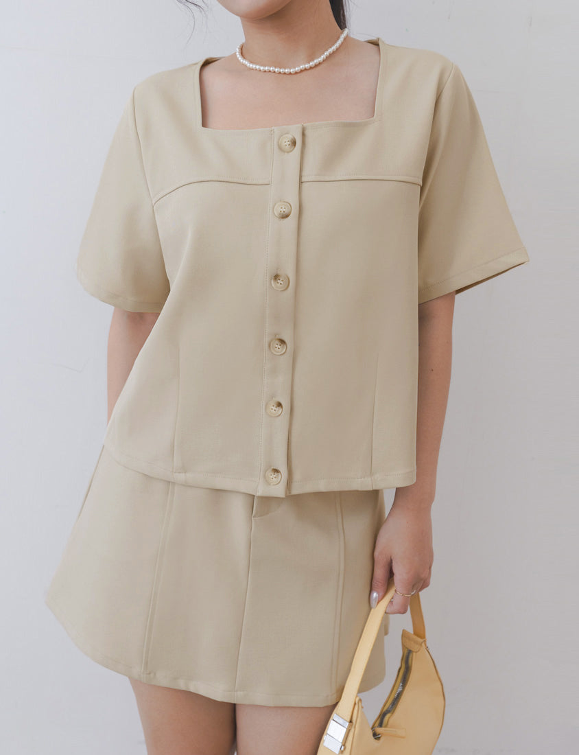 MISS. Korean Style Square Neck Twill Faux Button Top