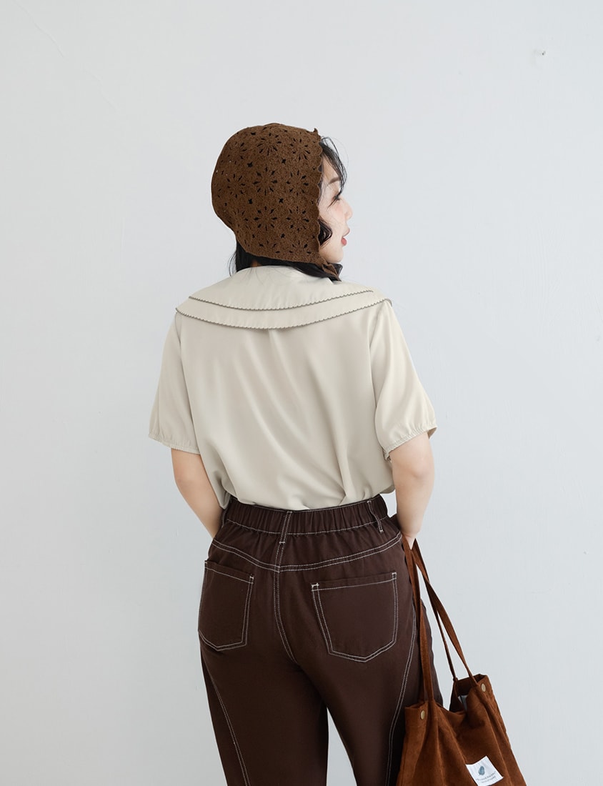 Double Layer Collar Tie Puff Sleeve Plus Size Blouse