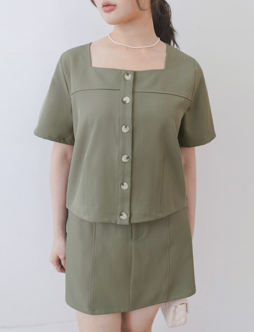 MISS. Korean Style Square Neck Twill Faux Button Top