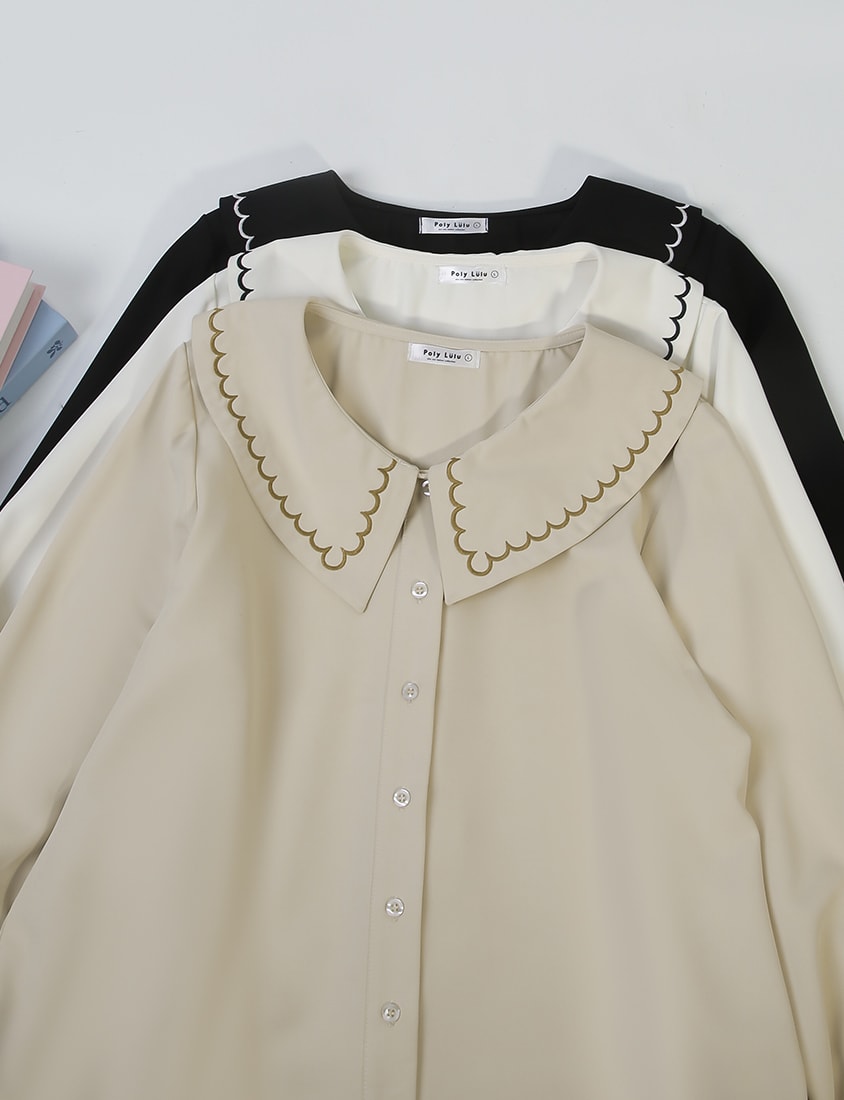 Contrast Embroidered Oversized Collar Plus Size Long Sleeve Shirt