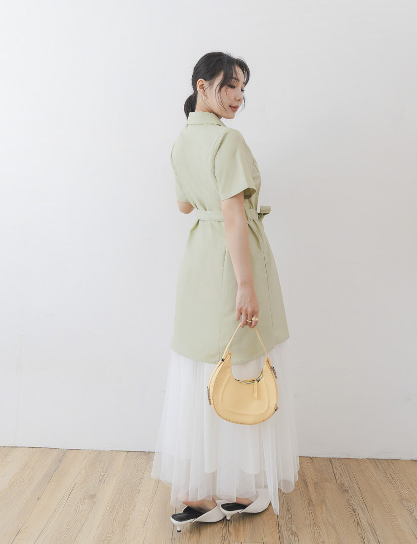 MISS. Korean-Style Button-Front Contrast Stitch Plus Size Dress (with Waist Tie)