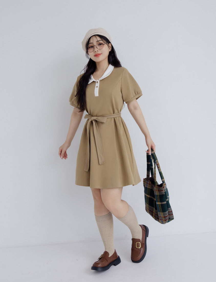 Color-Block Polo Collar Plus Size Mini Dress (With Belt)