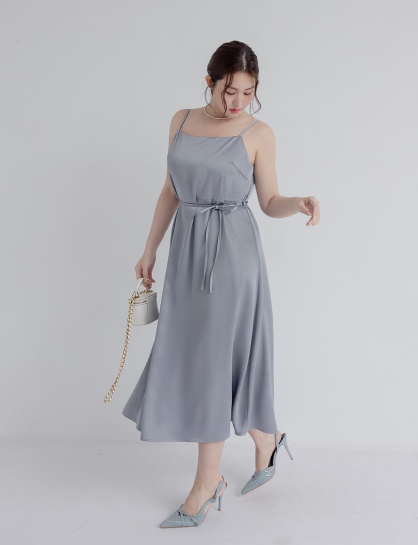 MISS. Satin A-Line Adjustable Strap Plus Size Cami Dress (with Waist Tie)