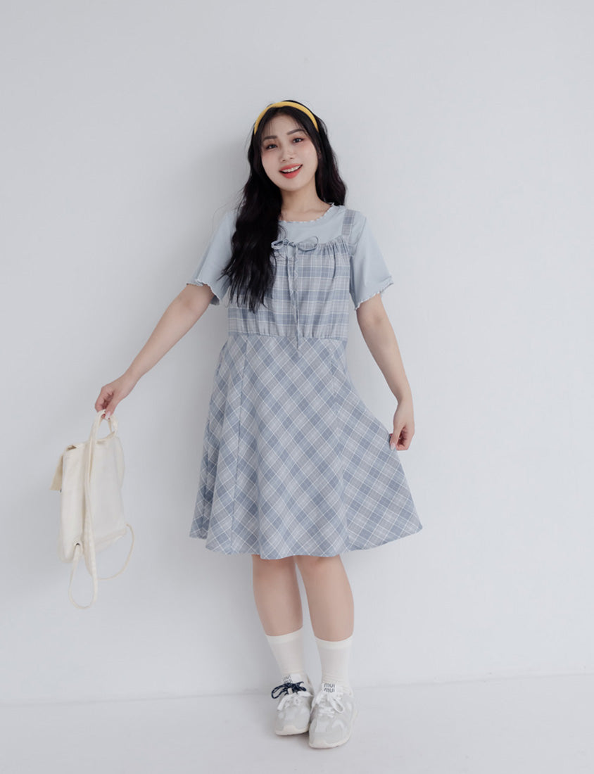 Preppy Adjustable Plaid Plus Size Mini Dress