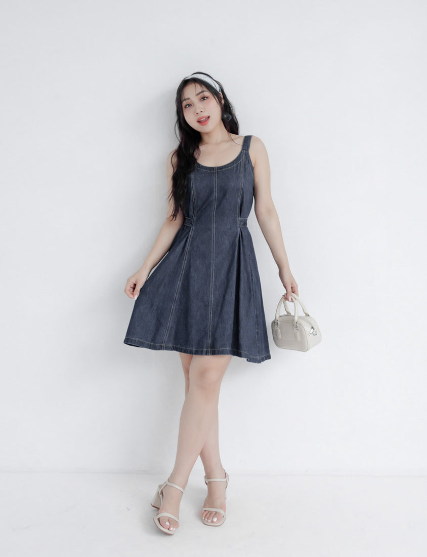 Adjustable Back Elastic Waist Plus Size Denim Mini Dress