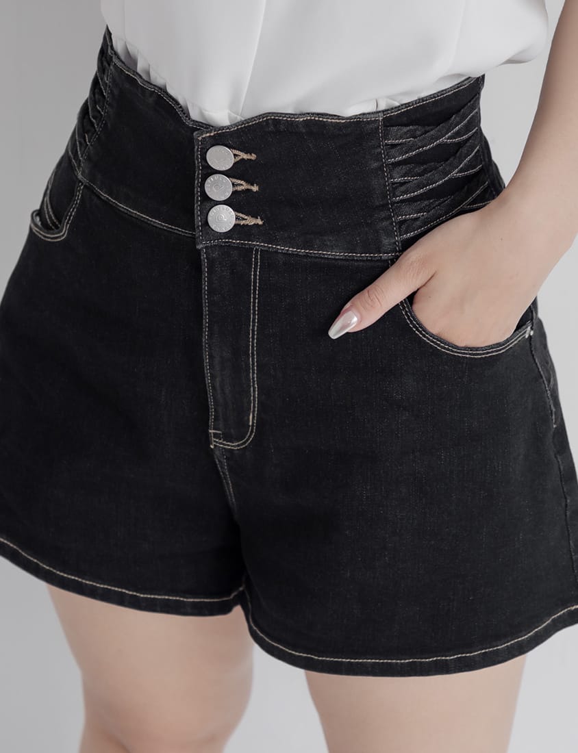 Cross Waist Tummy Flattering Plus Size Denim Shorts