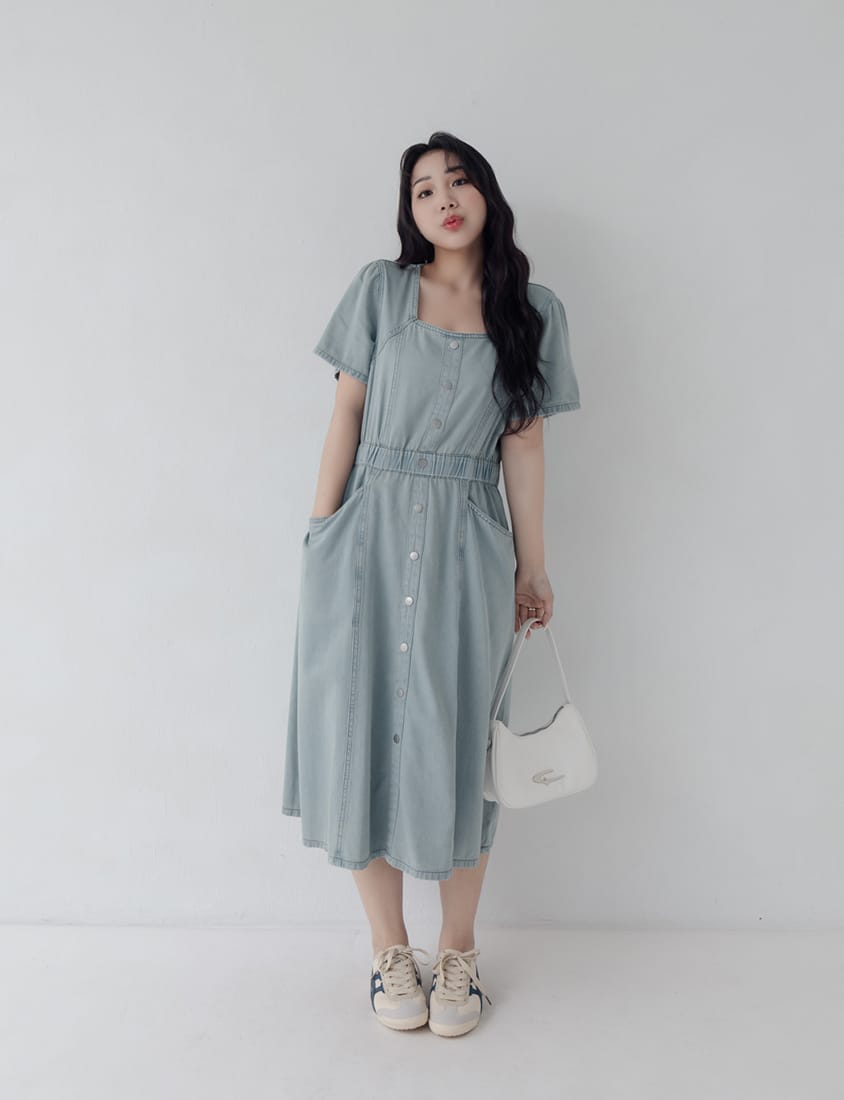 Square Neck Faux Button Elastic Waist Plus Size Denim Maxi Dress