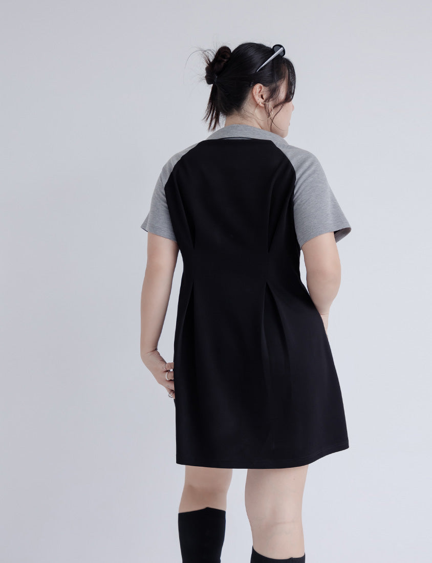 MUA! Space Cotton Color-Block Stand Collar Plus Size Short Sleeve Mini Dress