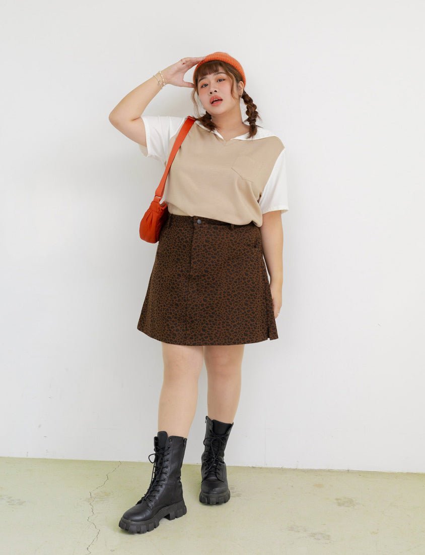 Space Cotton Sailor Collar Faux Two-Piece Plus Size Top