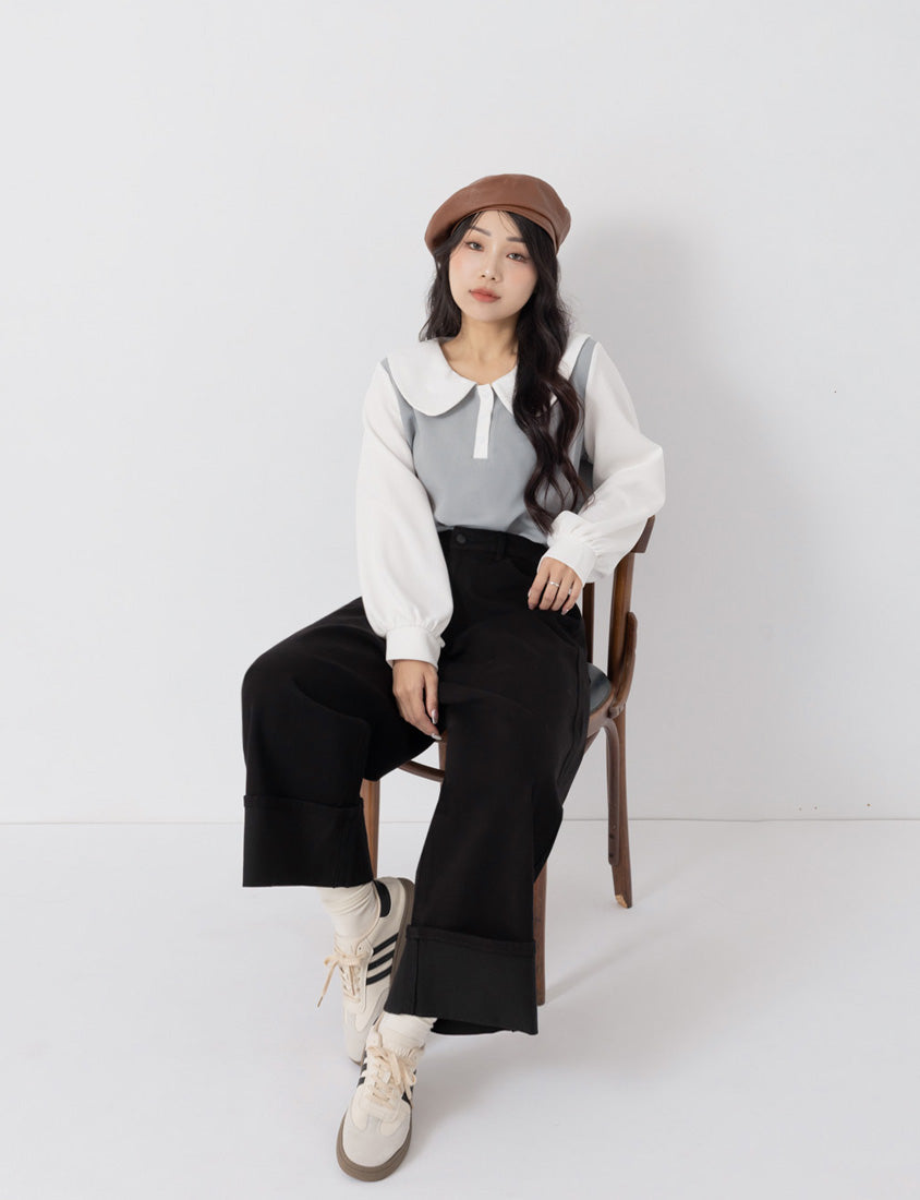 Japanese Style Large Cuffs A-Line Plus Size Denim Wide Leg Pants