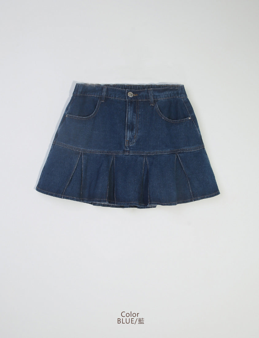Vintage Washed Pleated Plus Size Denim Skort (With Pants)