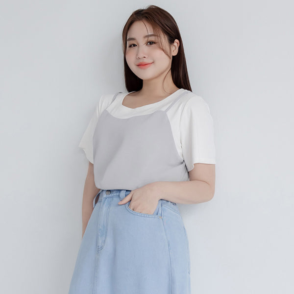 Sweetheart Neckline Twill Faux Two-Piece Plus Size Top