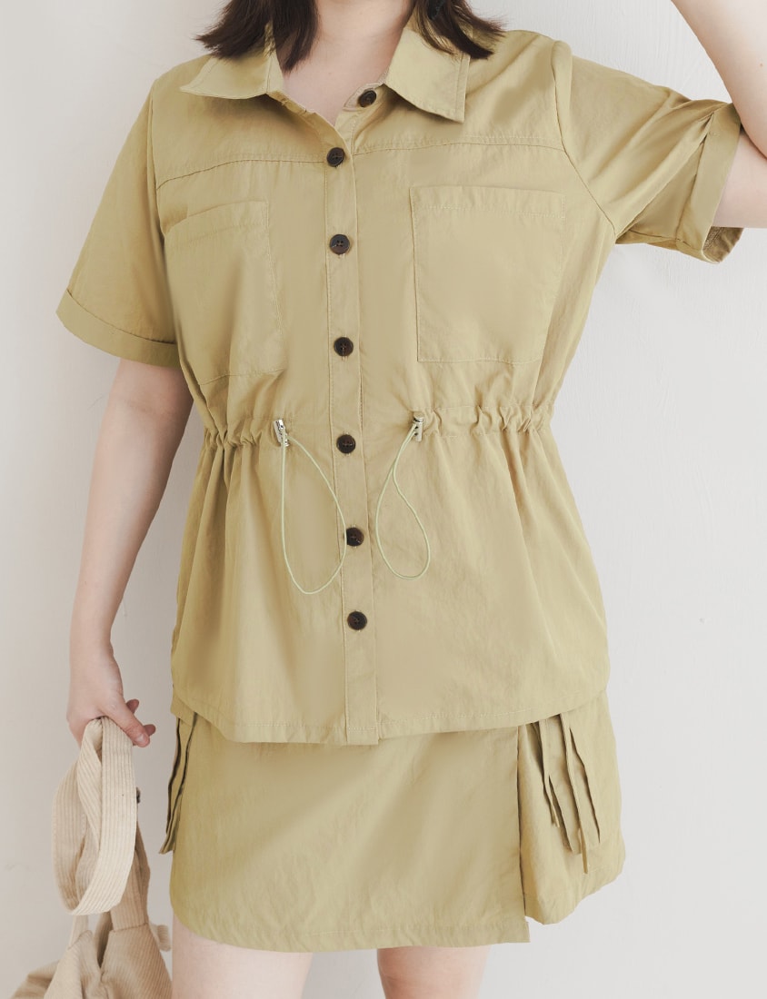 Pockets Cargo Drawstring Waist Plus Size Shirt