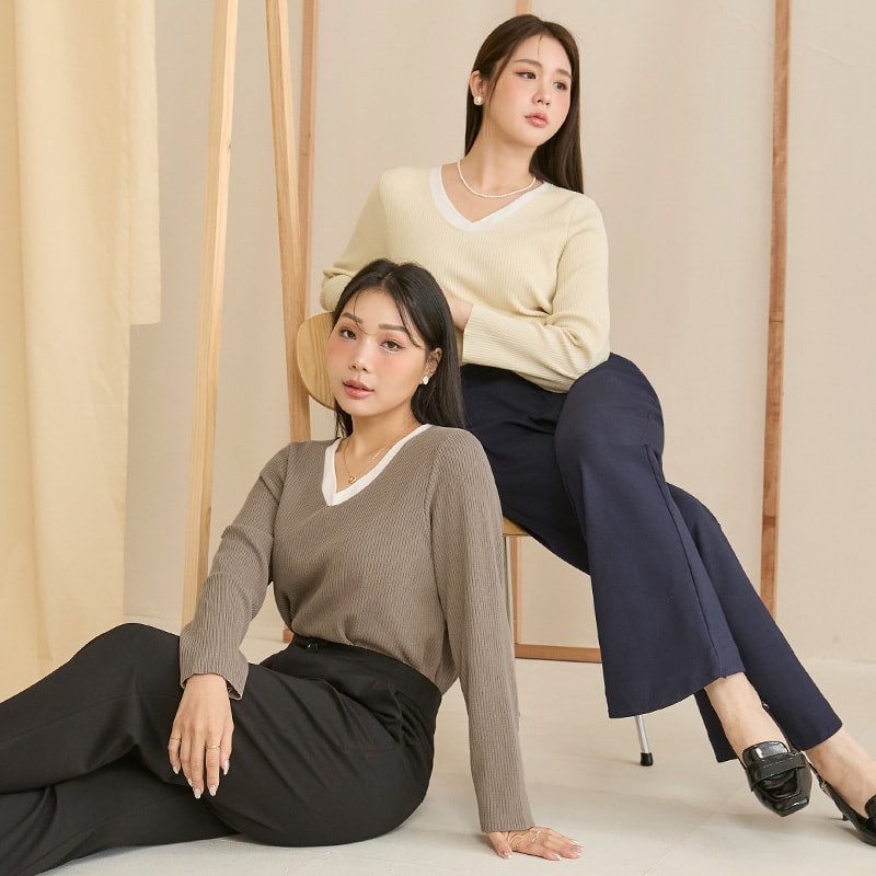 MISS. Faux Two Piece Ribbed Knit Plus Size Long Sleeve Top