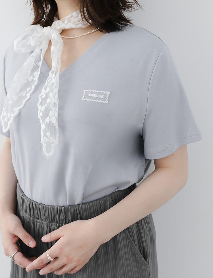 MISS. Cooling V-Neck Lace Plus Size Embroidered Tee (with Scarf)