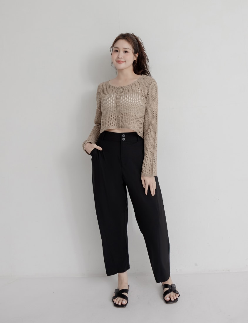 Knit Eyelet Hollow Faux Button Plus Size Top