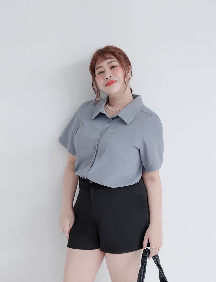 MISS. Drop Shoulder Stitching Double Pocket Plus Size Short Sleeve Shirt