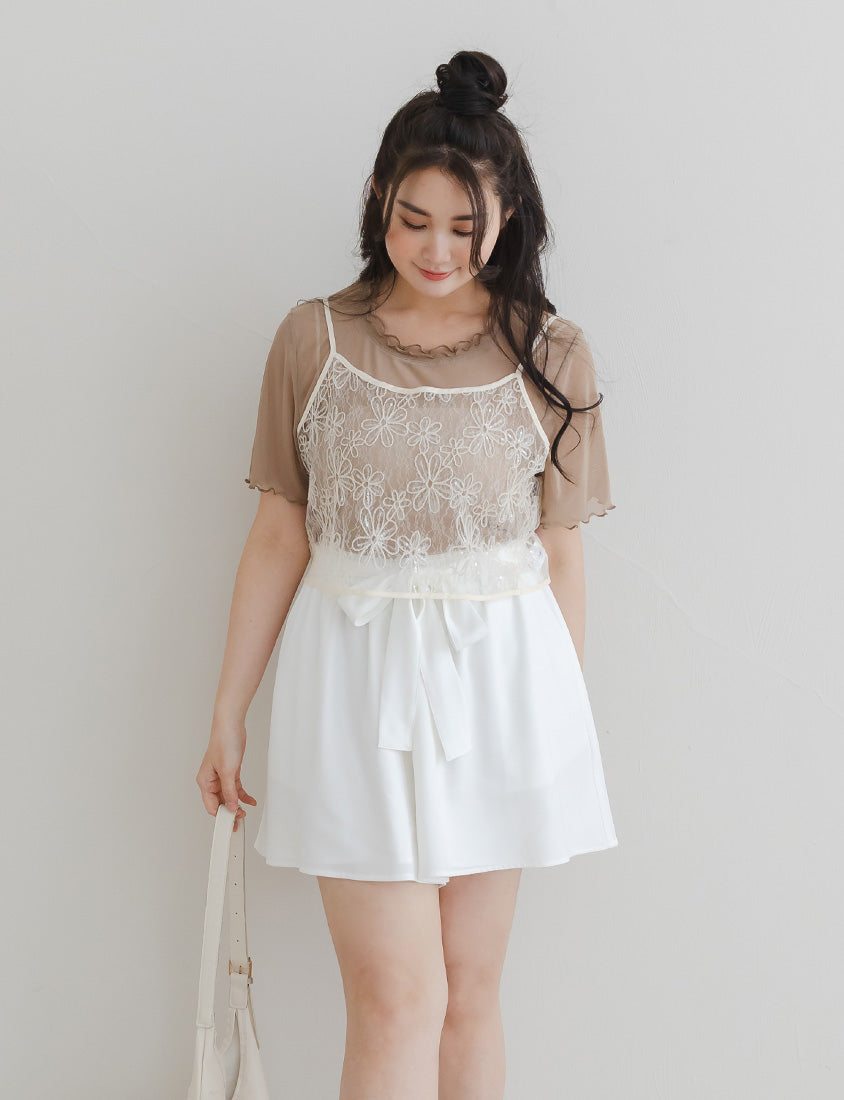 Double Layered Ruffle Sheer Stretch Plus Size Top