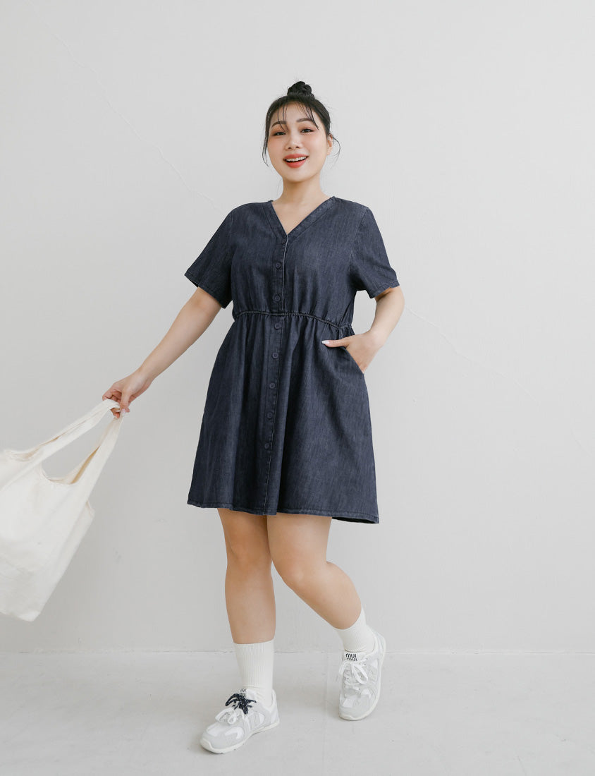 V-Neck Lightweight Denim Elastic Waist Button Plus Size Mini Dress
