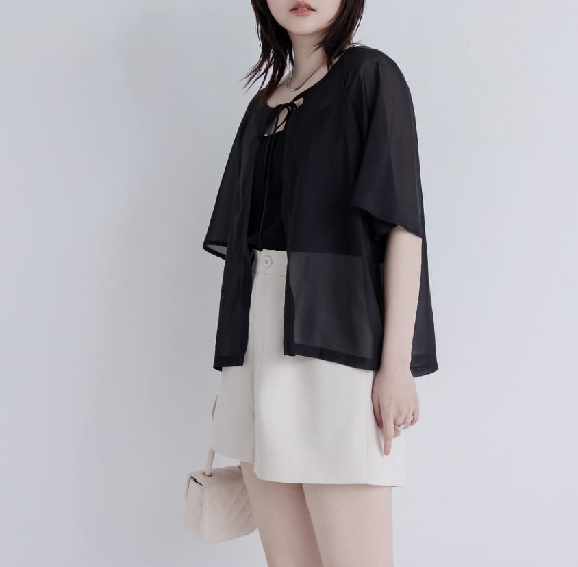 MISS. Faux Two-Piece Sheer Front-Tie Plus Size Top