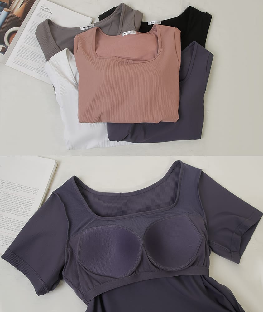 Pobra. Airy Ribbed Square Neck Short Sleeve Plus Size Bra Top