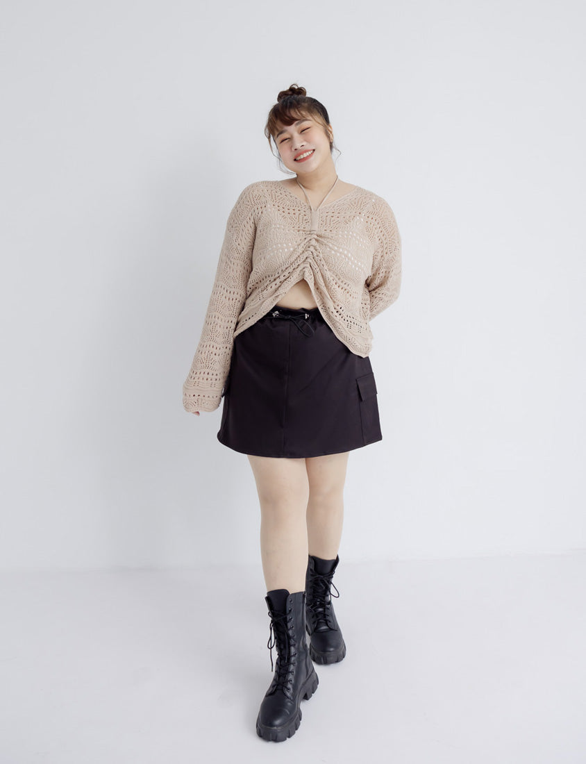 Two-Way Front-Tie Drawstring Plus Size Knit Top