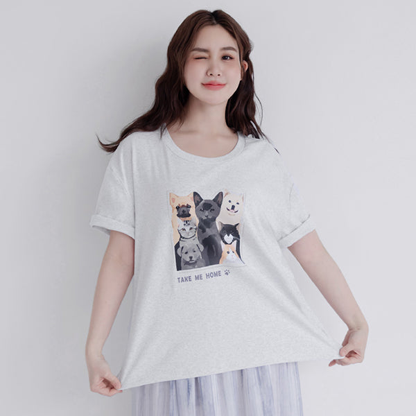 Kitty and Puppy Print Crew Neck Short Sleeve T-shirt
