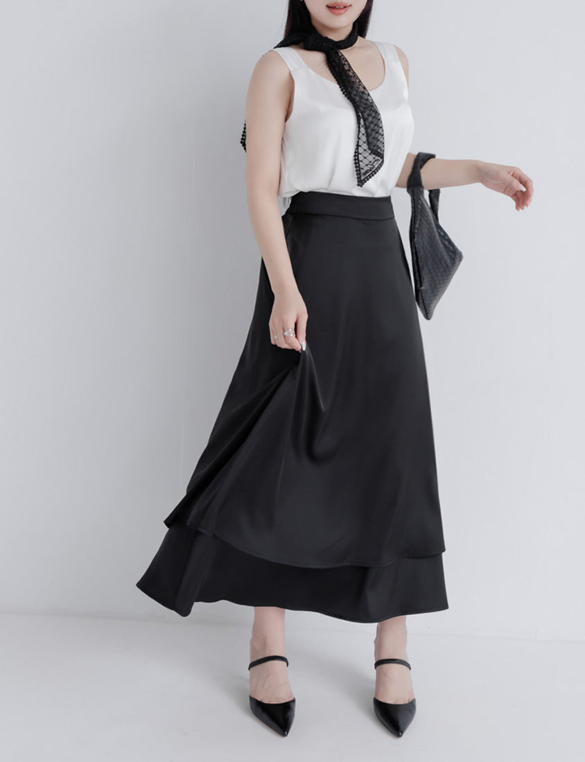MISS. Fairy Double Layered Back Elastic Glossy Plus Size Maxi Skirt