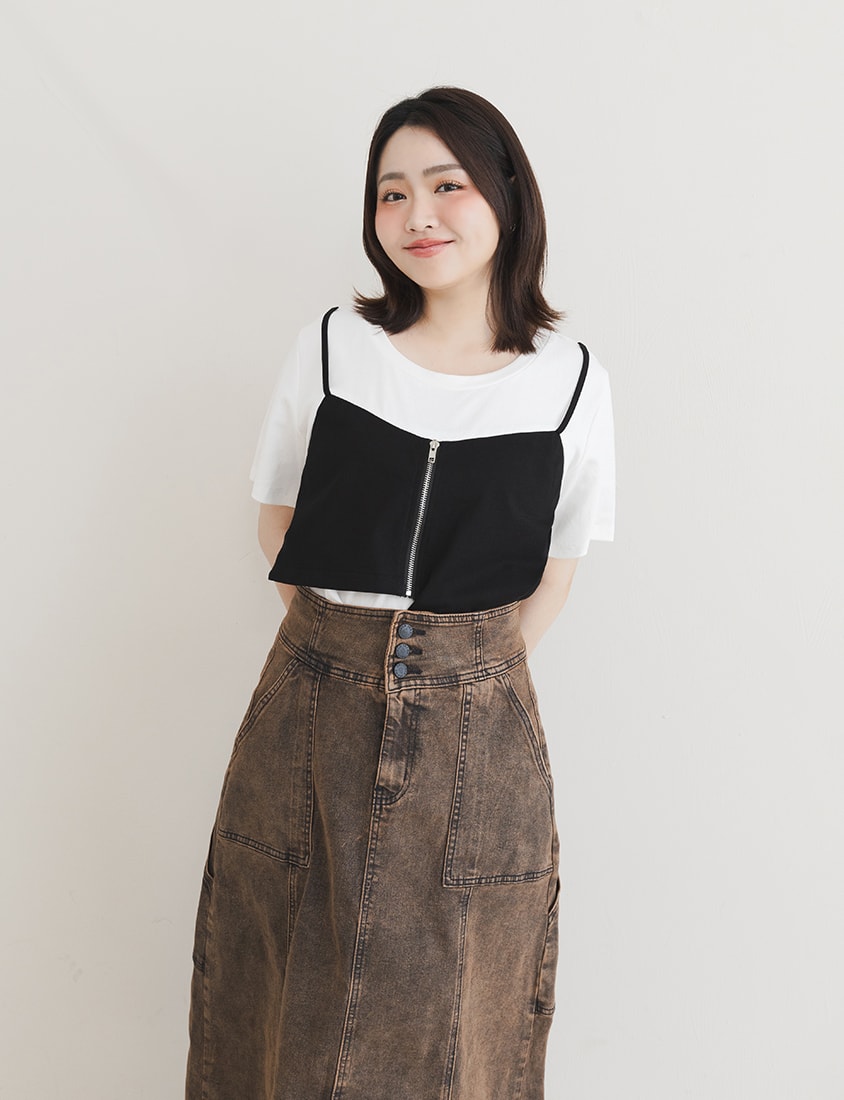 Asymmetric Front Zip Plus Size Layered Tee