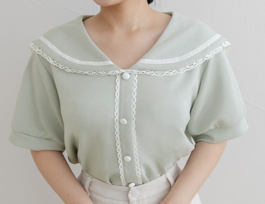 Space Cotton Sailor Collar Plus Size Lace Top