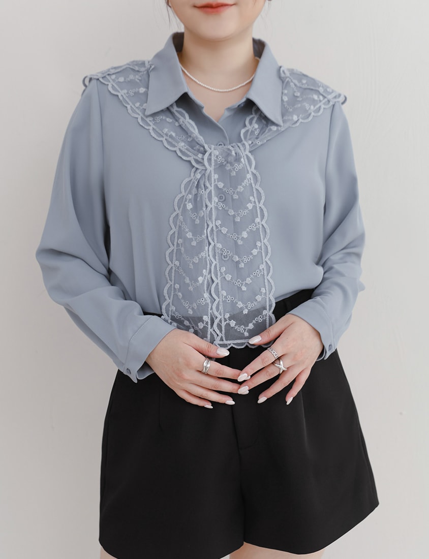 MISS. Two Piece Korean Style Lace Chiffon Plus Size Blouse (With Shawl)