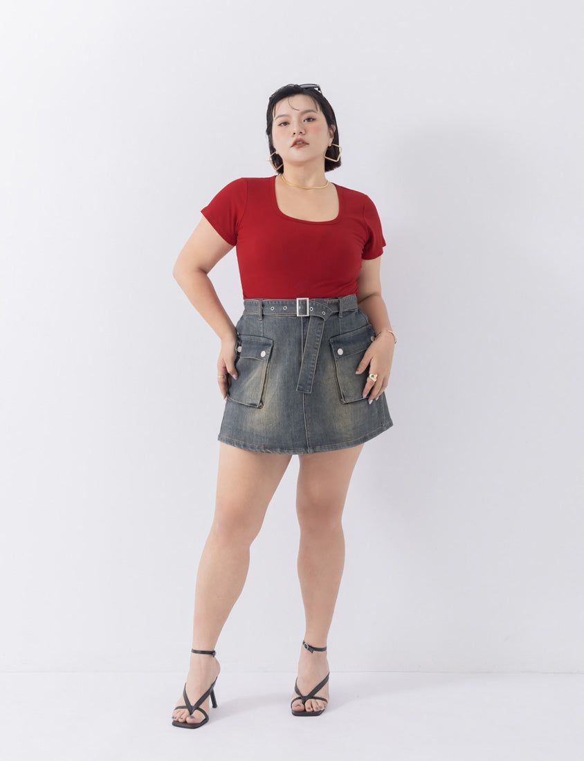 MUA! Washed Denim Plus Size Utility Skort with Belt