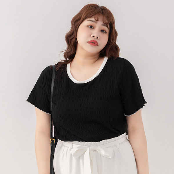 Multicolor Crew Neck Color-Block Crinkled Plus Size Short Sleeve Top