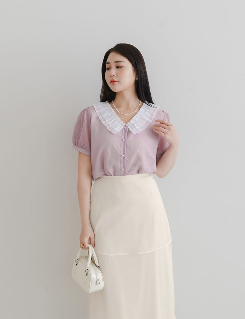 MISS. Romantic Contrast Pearl Buttons Ruffle Plus Size Blouse
