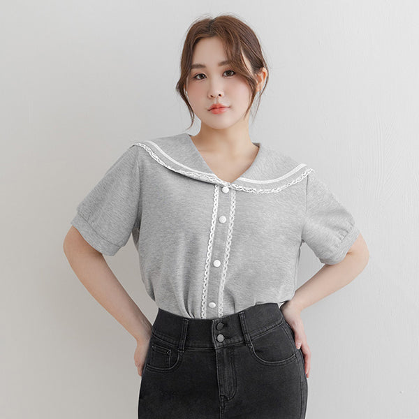 Space Cotton Sailor Collar Plus Size Lace Top